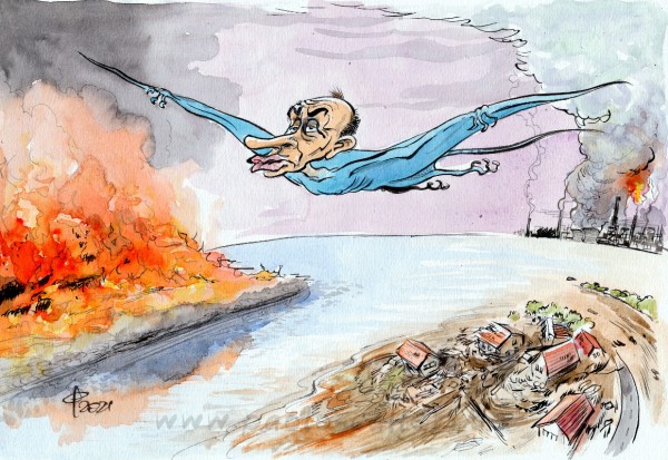 Karikatur. Ein blauer Flugsaurier mit dem Kopf des CDU-Chefs Merz überfliegt eine Landschaft, die zerstört wird von Bränden, Überflutungen und Luftverschmutzung.