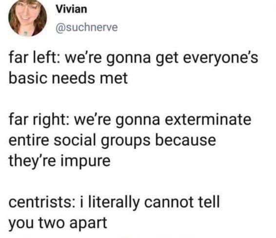 Vivian
@suchnerve

 far left: we're gonna get everyone's basic needs met 

far right: we're gonna exterminate entire social groups because they're impure 

centrists: i literally cannot tell you two apart 