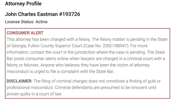 Trump Attorney John Eastman California lawyer profile consumer alert felony charges