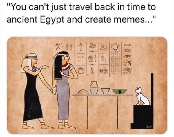 Meme in the style of Egyptian hieroglyphs of the blonde woman pointing a finger at the white cat, as the brunette woman holds her back.