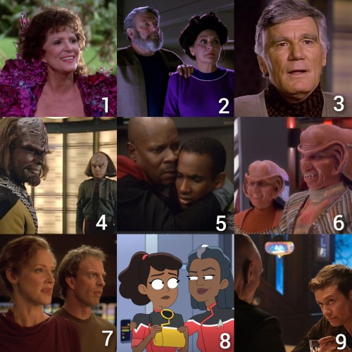 A grid of 9 images from Star Trek shows, each numbered 1 though 9. Top to bottom, left to right: Lwaxana Troi, Sergey and Helena Rozhenko, Kyle Riker, Worf and Alexander Rozhenko, Benjamin and for some reason, Jake SIsko, Nog and Rom, Magnus and Erin Hansen, Beckett Mariner and Carol Freeman, Jean Luc Picard and Jack Crusher.