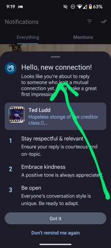 New connection message to be kind when replying