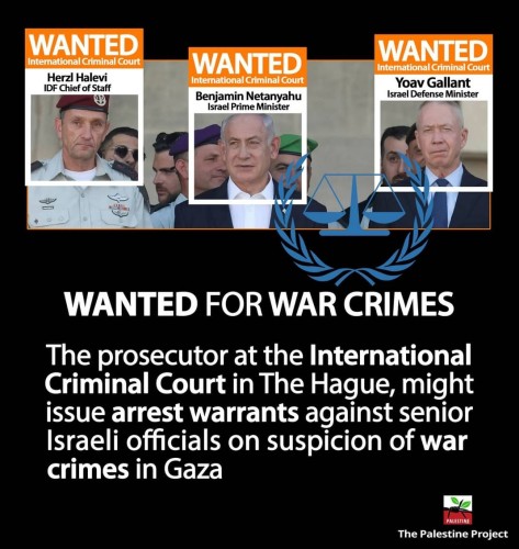 wanted for war crimes. picture of Netanyahu, head of IDF and minister of war in Israel facing war crime charges.