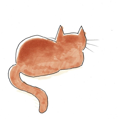 A Hand-drawn cartoon of a rusty brown cat sitting with its back to the viewer.