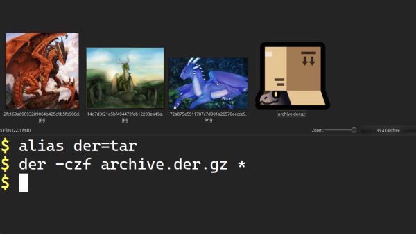 Linux screenshot of a file manager with a terminal open.
The current directory contains three images depicting dragons. The terminal had these commands run:
$ alias der=tar
$ der -czf archive.der.gz *
The directory now contains a file named archive.der.gz which has a dragon hiding under a cardboard box as its icon.

The three pieces of dragon art are by Daeron, Sir Troglodon and Arsauron

The dragon and box emoji is made by Volpeon