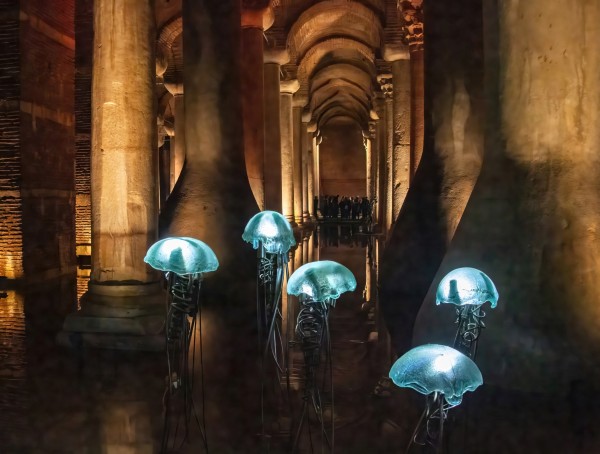 Inside of the historic Basillica Cistern amidst the shadows and light of the dramatic marble columns and arched ceilings stand five glowing starfish casting a captivating light across the scene.