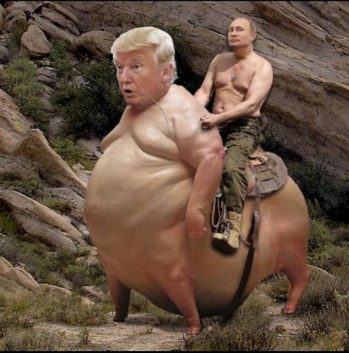 Shirtless Putin Riding a shirtless Trumpug