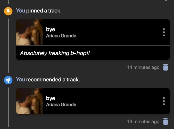 ListenBrainz's app feed, showing off song 'bye' by Ariana Grande, with one silly text: 'Absolutely freaking b-hop!!'.