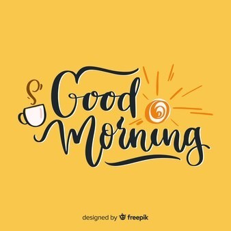 The image features the phrase "Good Morning" in a playful, cursive script centered on a mustard yellow background. The 'O's in "Good" are stylized to look like a smiling coffee cup on the left and a rising sun on the right. Below the text, there's a small credit that reads "designed by freepik". The overall feel is cheerful and bright.