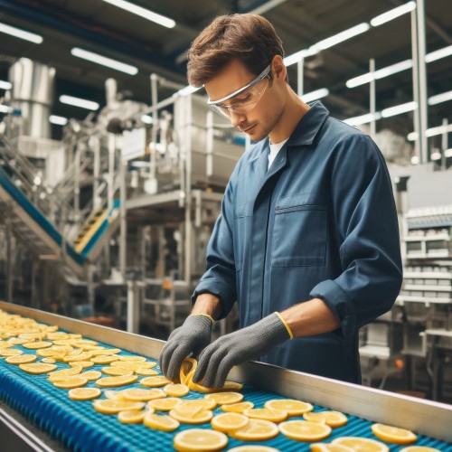 The picture shows a worker standing at an assembly line and folding lemons. In German, "Zitronenfalter" would be the name for both a butterfly and someone who folds lemons.