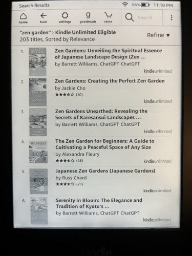 E-reader display showing a search result list for "zen garden" books, with titles and authors visible, and Kindle Unlimited indication. Several titles literally say ChatGPT twice