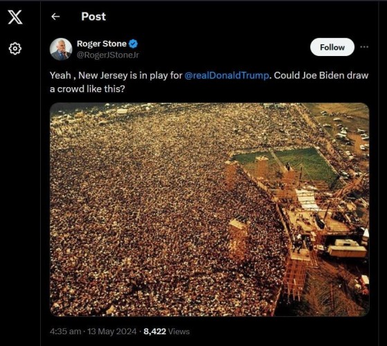 Roger Stone lying once again. Reverse image search says this is Woodstock Aerial View, Woodstock Festival, NY, 1969
