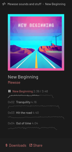 Faircamp release page for "New Beginning" by Mewsse. The playing track is of the same name. The release cover features bright neon colors (pink, cyan, orange) and depicts a low-poly version of a road going in 1 point perspective through a rocky landscape, disappearing towards the horizon.