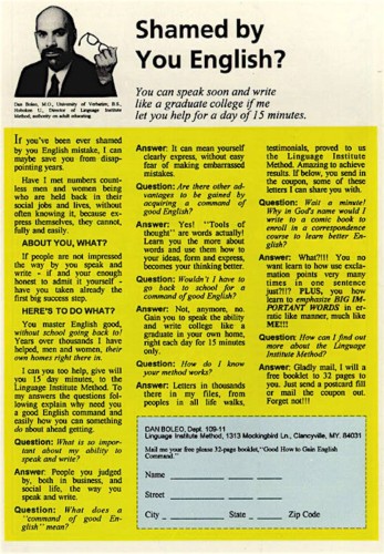 The “shamed by you english” ad from an issue of 1963. Written by Rick Veitch.
