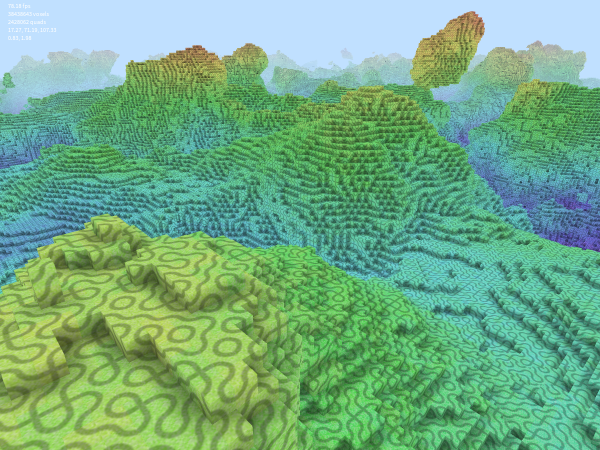 Voxel terrain from 3D noise colored by elevation with orange at the top through greens and blues at the lowest levels.  Voxel faces have random gray arcs or cross paths of a Truchet tiling.