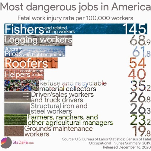 A rather ugly bar chart (don’t at me) showing the top 10 jobs for workplace fatalities as of 2020 according to the bureau of labor statistics: fishers, loggers, pilots/flight engineers, roofers, construction, trash collection, truck drivers, iron workers, agricultural workers, and grounds maintenance workers.