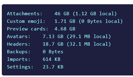 Attachments:	46 GB (1.12 GB local)
Custom emoji:	1.71 GB (0 Bytes local)
Preview cards:	4.68 GB
Avatars:	7.13 GB (29.1 MB local)
Headers:	18.7 GB (32.1 MB local)
Backups:	0 Bytes
Imports:	614 KB
Settings:	23.7 KB