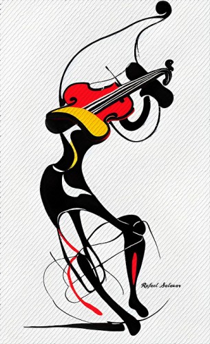 A figurative modern artwork pulsating with the essence of music. Vibrant hues of red, yellow, white, and black swirl together, evoking the sensation of melodies intertwining in the air. Each brushstroke sings with movement and rhythm, inviting the music lover to immerse themselves in the colorful symphony depicted on the canvas.