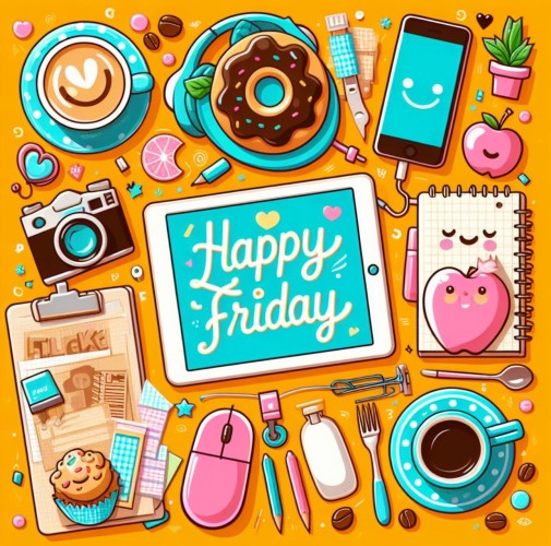 The image is a vibrant and colorful illustration with a central theme of "Happy Friday". It features a variety of items arranged in a somewhat scattered manner against a bright yellow background. Here's a list of the items depicted:

- A cup of coffee with a heart-shaped design in the foam
- A chocolate-frosted donut with sprinkles
- A smartphone with a smiley face on the screen
- A vintage-style camera with a "click" clipboard underneath
- A tablet displaying the message "Happy Friday" in stylized lettering
- A spiral notebook with a cute, pink, heart-shaped character on it
- A muffin with a blue wrapper
- A computer mouse
- A pair of earbuds
- A small potted plant
- A pink apple
- A bottle of milk
- A fork and spoon
- Coffee beans scattered around
- Small doodles and decorations like stars, hearts, and paper clips

The overall feel of the image is cheerful and playful, suggesting a relaxed and enjoyable Friday atmosphere.