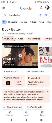 A Google search result for a movie named "duck butter". It appears to be softcore lesbian pornography.