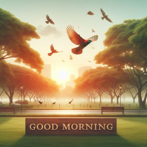 Sunrise in a tranquil park with birds flying, "GOOD MORNING" sign in the foreground, trees, and city skyline in the background.