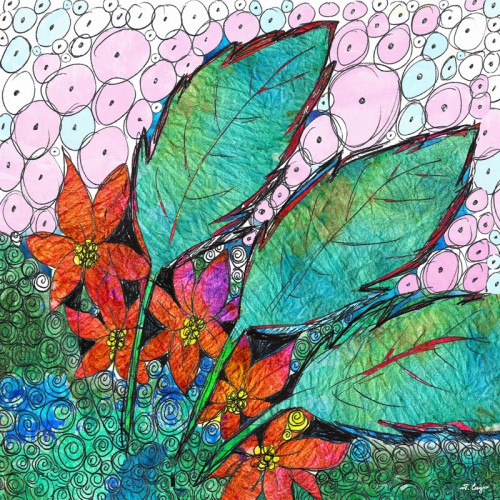 Colorful leaves with red orange flowers and delicate spirals by artist Sharon Cummings.