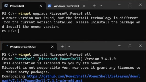 Two screenshots from Windows Terminal.

First one: "winget upgrade Microsoft.PowerShell" returns "A newer version was found, but the install technology is different from the current version installed. Please uninstall the package and install the newer version."

Second one: "winget install Microsoft.PowerShell" shows "This application is licensed to you by its owner. Microsoft is not responsible for, nor does it grant any licenses to, third-party packages."