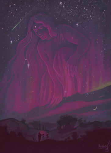 Ilustración donde se aparece la aurora boreal como una dama arrodillada que mece su mano sobre el océano de la noche. Abajo una pequeña silueta aparece con sus aparejos de hacer fotos y su telescopio, echando una noche entretenida de observación astronómica.