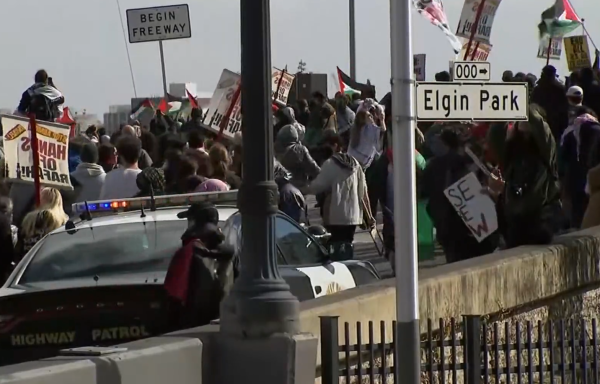 Pro-Palestine protesters shut down the 101 freeway entrance in San Francisco. 