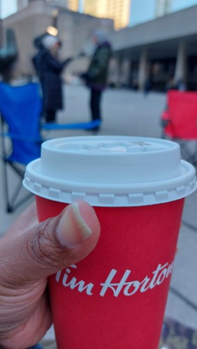 A Tim Hortons decaf, specifically grabbed for the jittery LO.