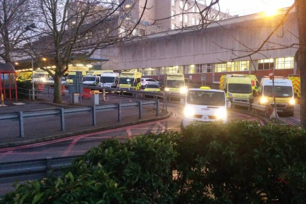 Photo of ambulances waiting outside Leicester Royal Infirmary. Credit: Victuallers