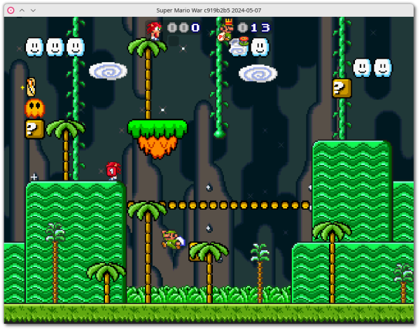 🕶️ A view of its UI with a nice scenery - platforms in the middle of the jungle. I'm Knuckles (in red, at the top of the screen) vs Super Mario Bros. (an AI, at the bottom of the screen).

📚️ Super Mario War is a libre (except for the graphics: fair use), multi-platform, single-player (AI) / multi (up to 4 in hotseat/LAN), Super Smash Bros. combat game featuring characters from Nintendo's Super Mario Bros. series. The goal is to crush your opponents by jumping on their heads or using powerups. It offers a huge amount of content (29 characters, 22 mods with modifiers, 300 animated maps, LAN multiplayer, a level and world editor. A very high quality game. The best.