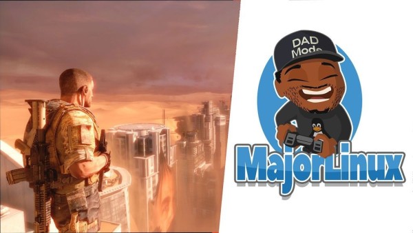 A split thumbnail featuring the main character of Spec Ops: The Line on the left and the MajorLinux logo on the right.