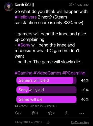 A screenshot of a social network poll by Darth about the future of the video game "Helldivers 2," indicating a low Steam satisfaction score and asking if gamers will stop complaining, if Sony will reconsider PC gamers' wants,