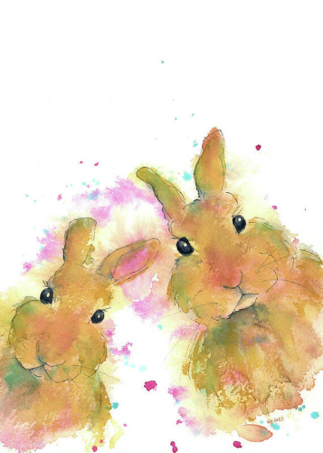 Two Bunnies is a watercolor painting in portrait format painted by the artist Karen Kaspar. Two brown cute rabbits look from the lower edge of the picture directly at the viewer as if they were asking, where is our carrot? The portrait of the two animals is loosened up by colourful splashes of pink and blue on a white background.