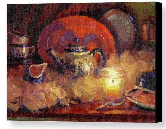 Canvas print of an original oil painting of a large teapot surrounded by tea cups, plates, a platter and other dishes.