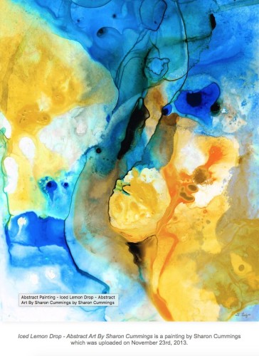 Abstract painting in blue and yellow by artist and poet Sharon Cummings.  Haiku in post.