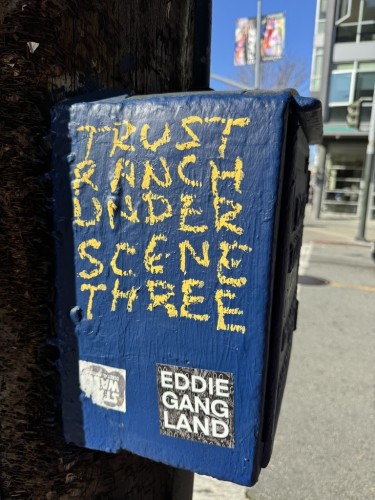 A box on a pole where a graffiti artist has written a word square. The square can be read vertically or horizontally, and it says:
trust
ranch
under
scene
three