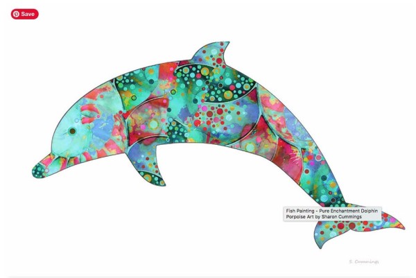 Colorful dolphin fish in blue, green, aqua and coral by artist Sharon Cummings.