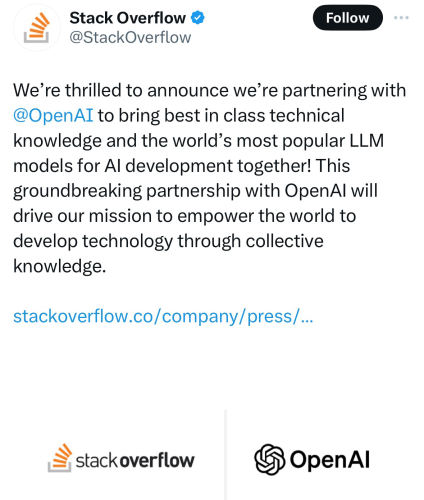 Screenshot of a Stack Overflow post describing their incipient partnership with OpenAI. 