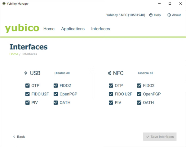 Screenshot of the YubiKey Manager GUI showing the "Interfaces" tab, where you can, separately for USB and NFC, enable and disable OTP, FIDO2, FIDO U2F, OpenPGP, PIV and OATH.