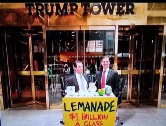Jr. Mints and Twizzler in front of Trump Tower with a lemonade stand. They are selling it for $1B a glass. 