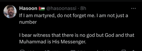 X post by a Palestinian: If I die, don’t forget me. I am not just a number .

I bear witness that there is no god but God and Muhammad is his messenger. 