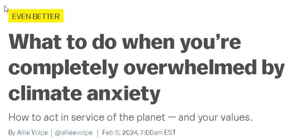 Headline:

What to do when you're completely overwhelmed by climate anxiety

How to act in service of the planet — and your values.

By Allie Volpe | @allieevolpe | Feb 8, 2024, 7:00am EST 