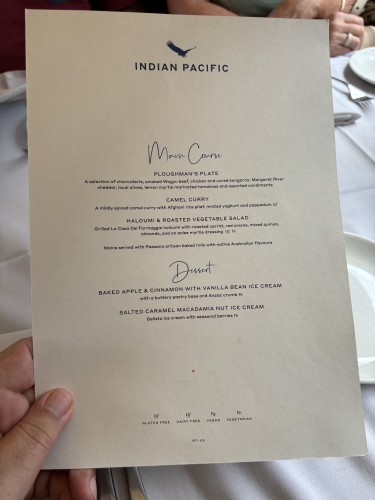 Lunch menu aboard the Indian Pacific train.