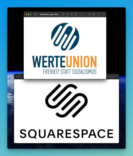 Vergleichende Nebeneinanderdarstellung der Logos von Squarespace und der neuen Partei „Werteunion“. Die schauen ziemlich gleich aus.