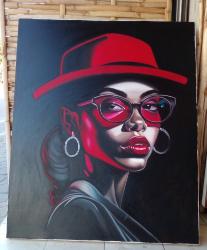 a painting of a woman , seen from the side from her chest up, a dark background, she is wearing a cool red bowler-type hat, black-rimmed glasses, red lipstick, silver hoop earrings, she is turning her head to her right, looking at the viewer 