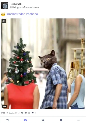 The "Jealous Girlfriend" meme with a Christmas tree head on the woman a-hole boyfriend is rubbernecking, and "girlfriend" has a cat condo head.