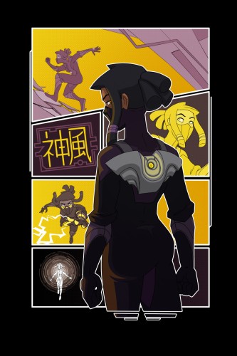 A stylized graphic design featuring Kamikaze in front of a stylized rendition of her in comic form.  She's a young woman of half black, half asian descent, and she's wearing a drakly colored infiltration suit. A wing-like antigravity pack is strapped on her back.