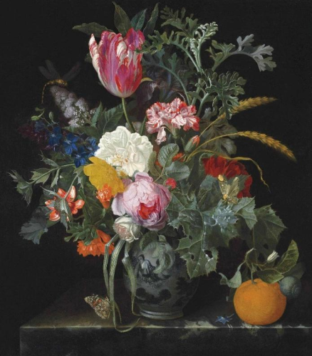 A Baroque still life. A bouquet of flowers stands in a porcelain vase against a black background. The bouquet includes a tulip, carnations, a rose, ears of wheat, hyacinths, lilies, lilac, larkspur, and nettle. An orange sits beside the vase, with a fallen blossom. Two butterflies and a dragonfly flit around the flowers, and details of the vase, blue-and-white Chinese, can be made out.